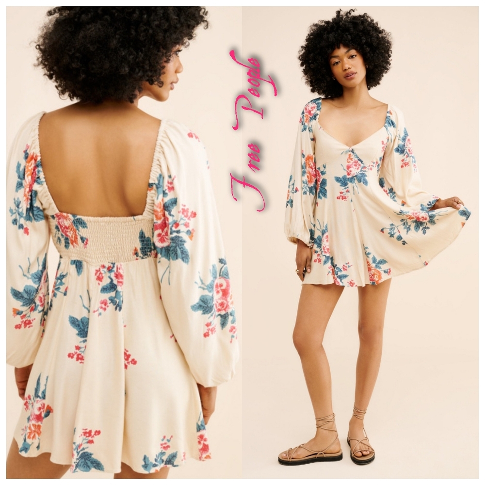 Free People Francesca Floral-Print mini dress Size Large NWT Color Ivory